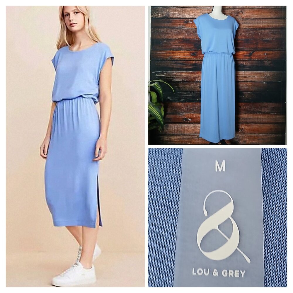NWT Lou & Grey Midi Dress M Sky Blue Signature Soft Rayon Blend Elastic Waist